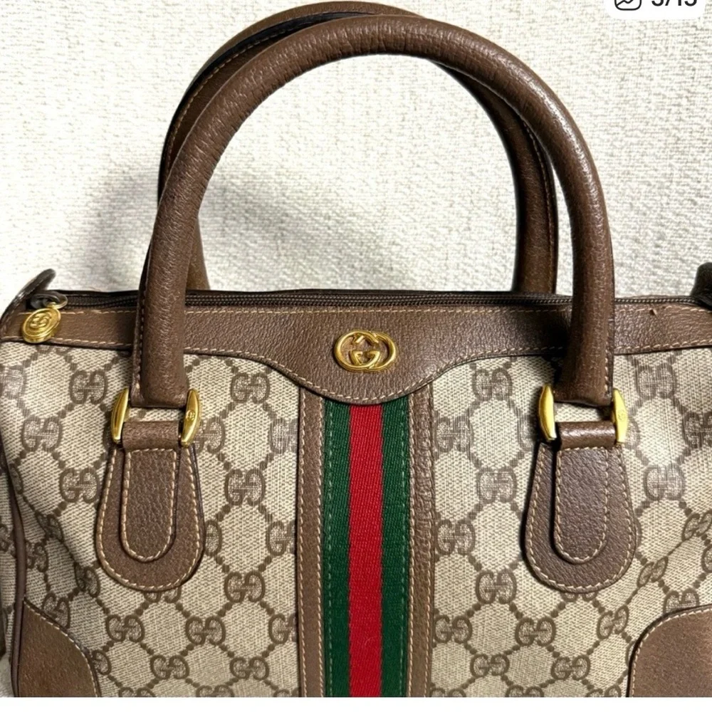 Authentic Vintage Gucci Boston Satchel Bag in Brown and Beige